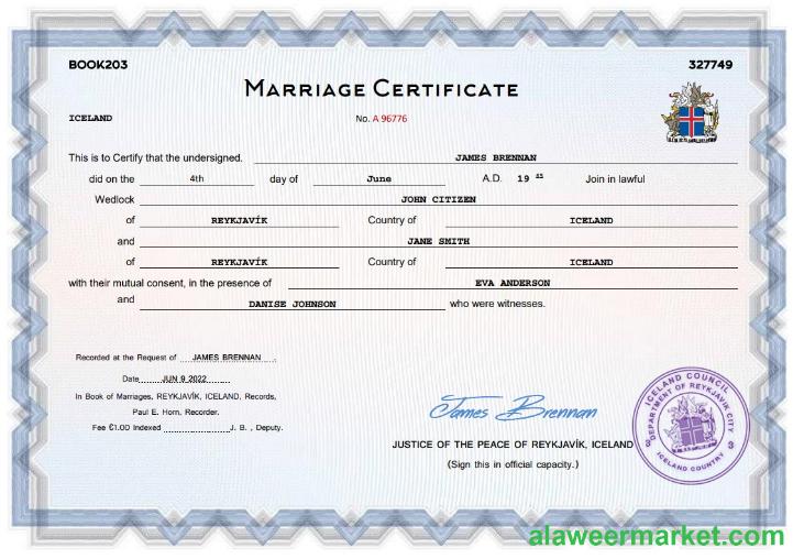 Iceland marriage certificate Word and PDF template